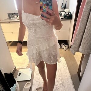 Zara sequin white ruffle mini dress Elegant White Sequin Dress . NWT .